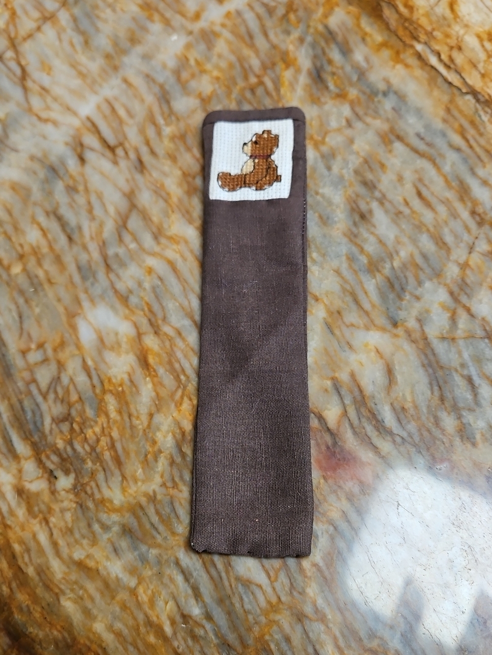 Brown Fabric Bookmark with Cross-Stitch Teddy Bear